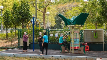 Elderly Fitness Corner offers outdoor fitness equipment, promoting exercise and healthy lifestyle to the elderly.
